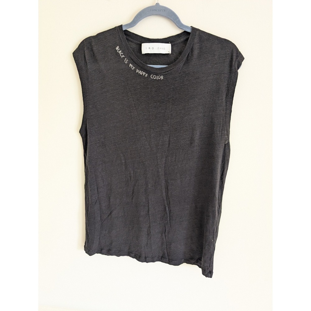 IRO Jeans Tigana Black Linen Muscle Tee Embroidered Slogan Top Size Medium